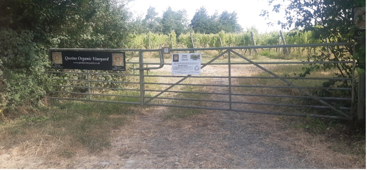 The gate at Quoins Organic Vineyard, featuring the new QR code